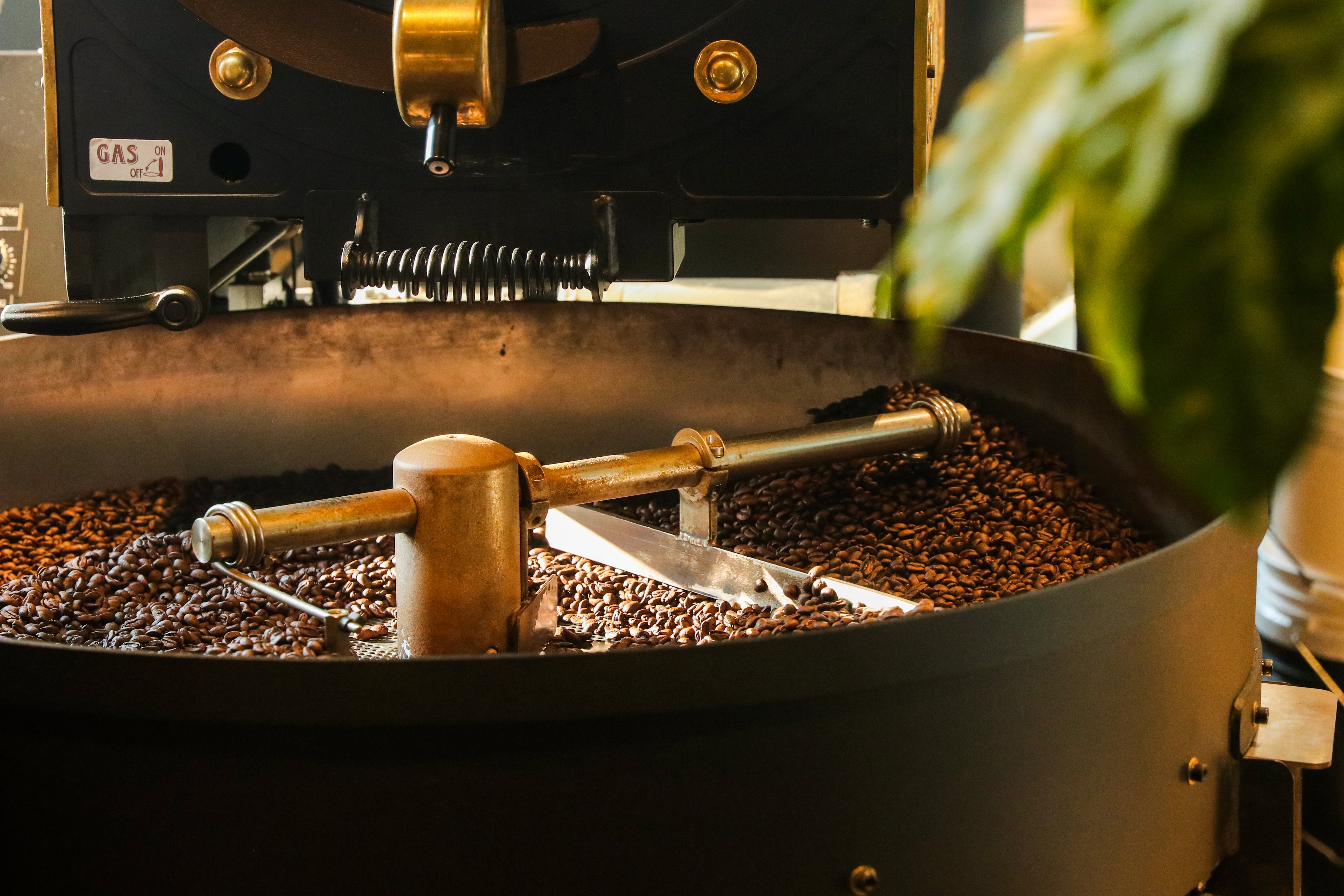 Close-up of coffee beans being roasted, representing the source of tannins, acids, and caffeine. These elements, while central to coffee's rich flavor, can impact oral health by staining teeth, eroding enamel, and reducing saliva, as highlighted in the quote from Dr. Michael Wei.
