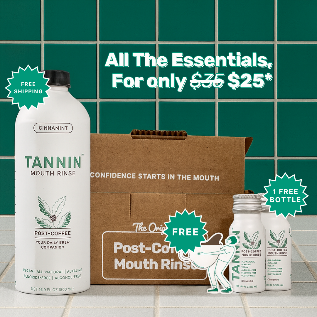 Promotional image of the TANNIN Post-Coffee Welcome Bundle, showcasing the at-home rinse, on-the-go bottles, and limited edition sticker with a $25 offer and free shipping.