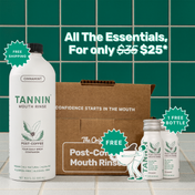 Promotional image of the TANNIN Post-Coffee Welcome Bundle, showcasing the at-home rinse, on-the-go bottles, and limited edition sticker with a $25 offer and free shipping.