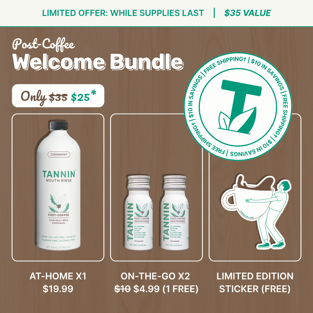 Breakdown of the TANNIN Welcome Bundle, including the 500mL rinse, two travel bottles with one free, and a limited edition sticker—highlighting bundle value and savings.
