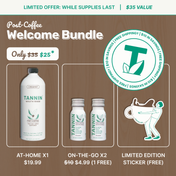 Breakdown of the TANNIN Welcome Bundle, including the 500mL rinse, two travel bottles with one free, and a limited edition sticker—highlighting bundle value and savings.